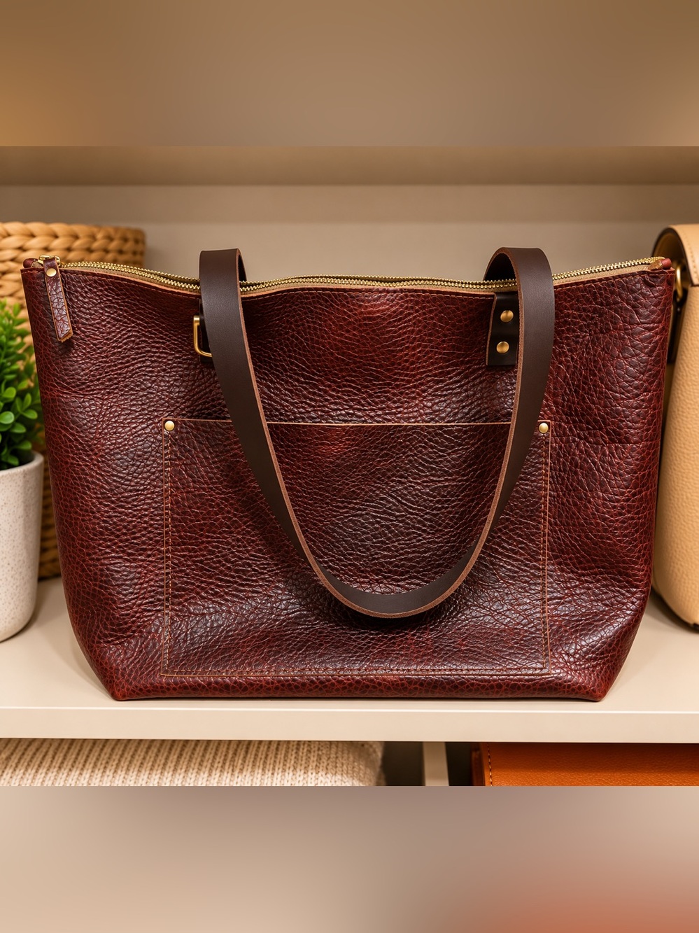 Portland Leather Goods | Chonky Zip Leather Large Tote Cinnamon Bear Brown